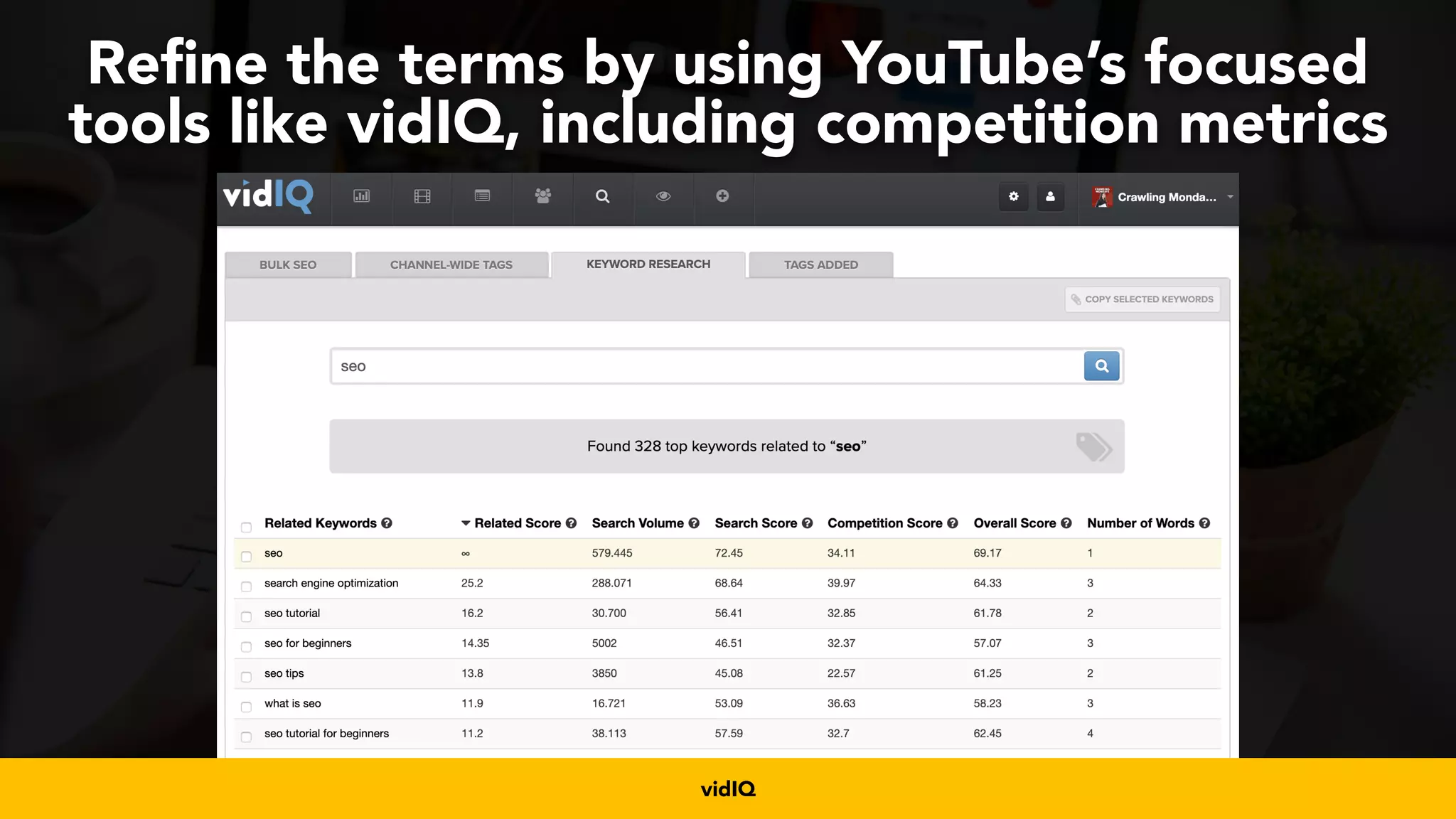 #videoseo at #smxwest by @aleyda from @orainti
Refine the terms by using YouTube’s focused
tools like vidIQ, including competition metrics
vidIQ
 