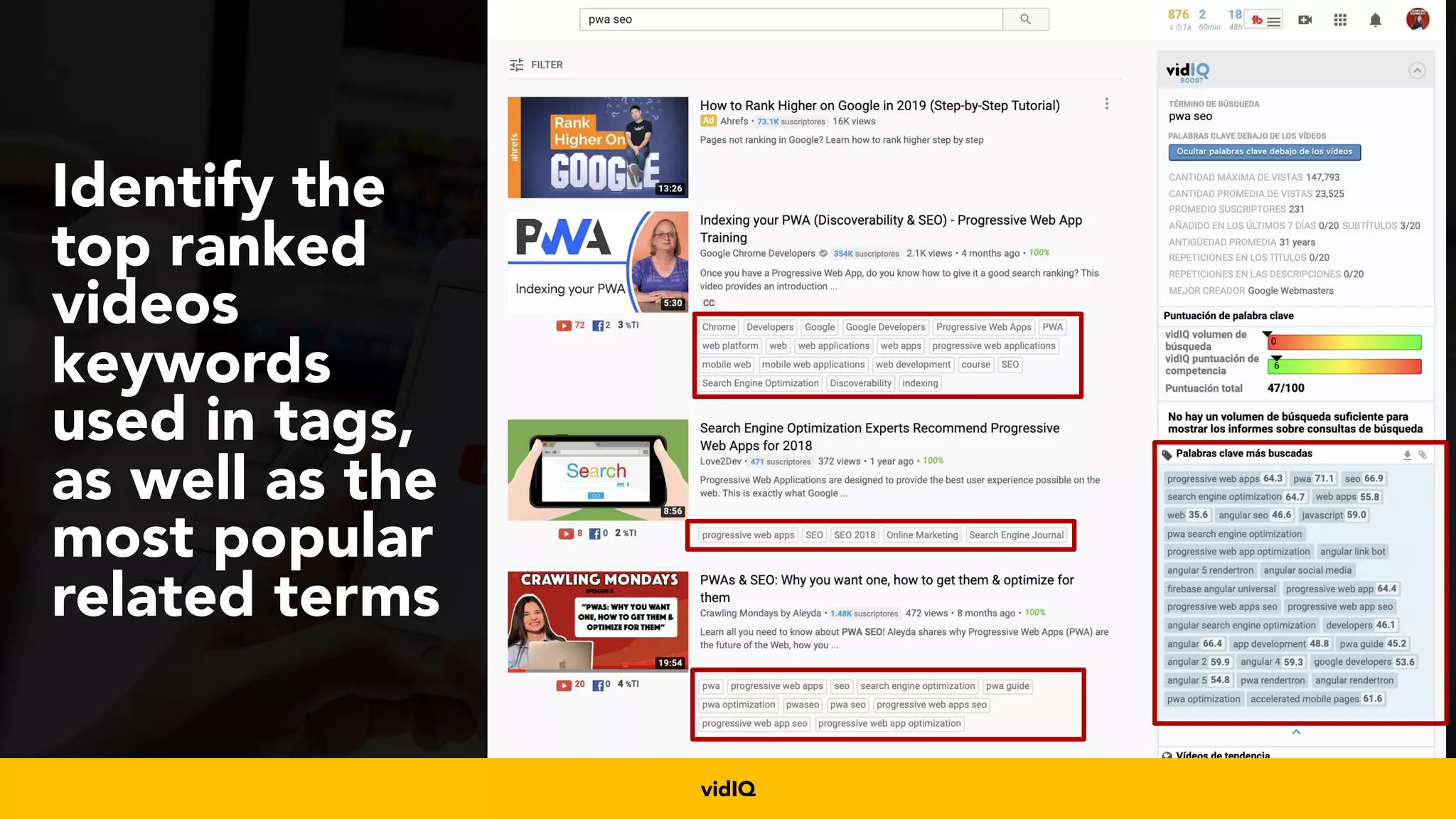 #videoseo at #smxwest by @aleyda from @oraintividIQ
Identify the
top ranked
videos
keywords
used in tags,
as well as the
most popular
related terms
 