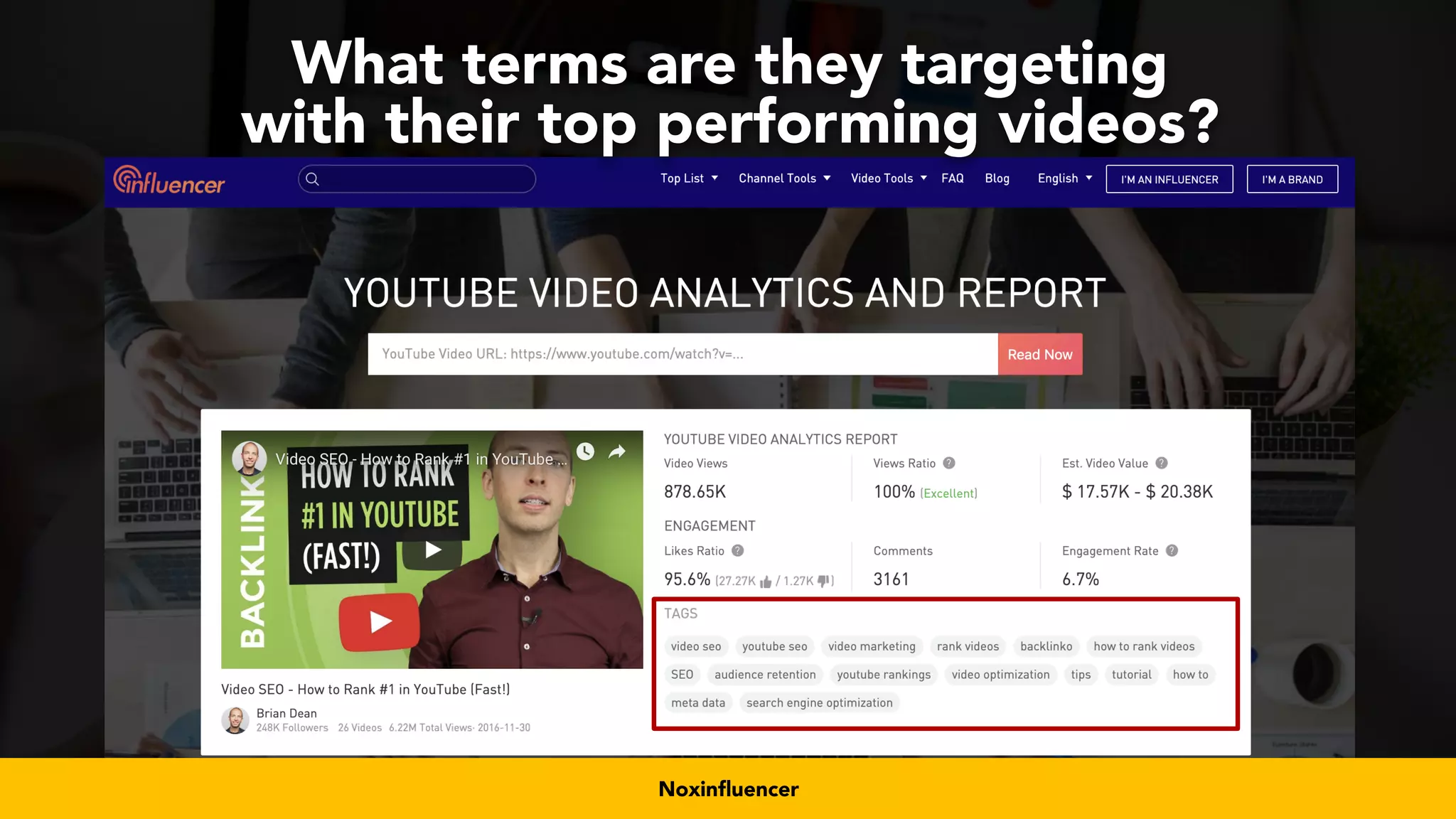 #videoseo at #smxwest by @aleyda from @orainti
What terms are they targeting
with their top performing videos?
Noxinfluencer
 