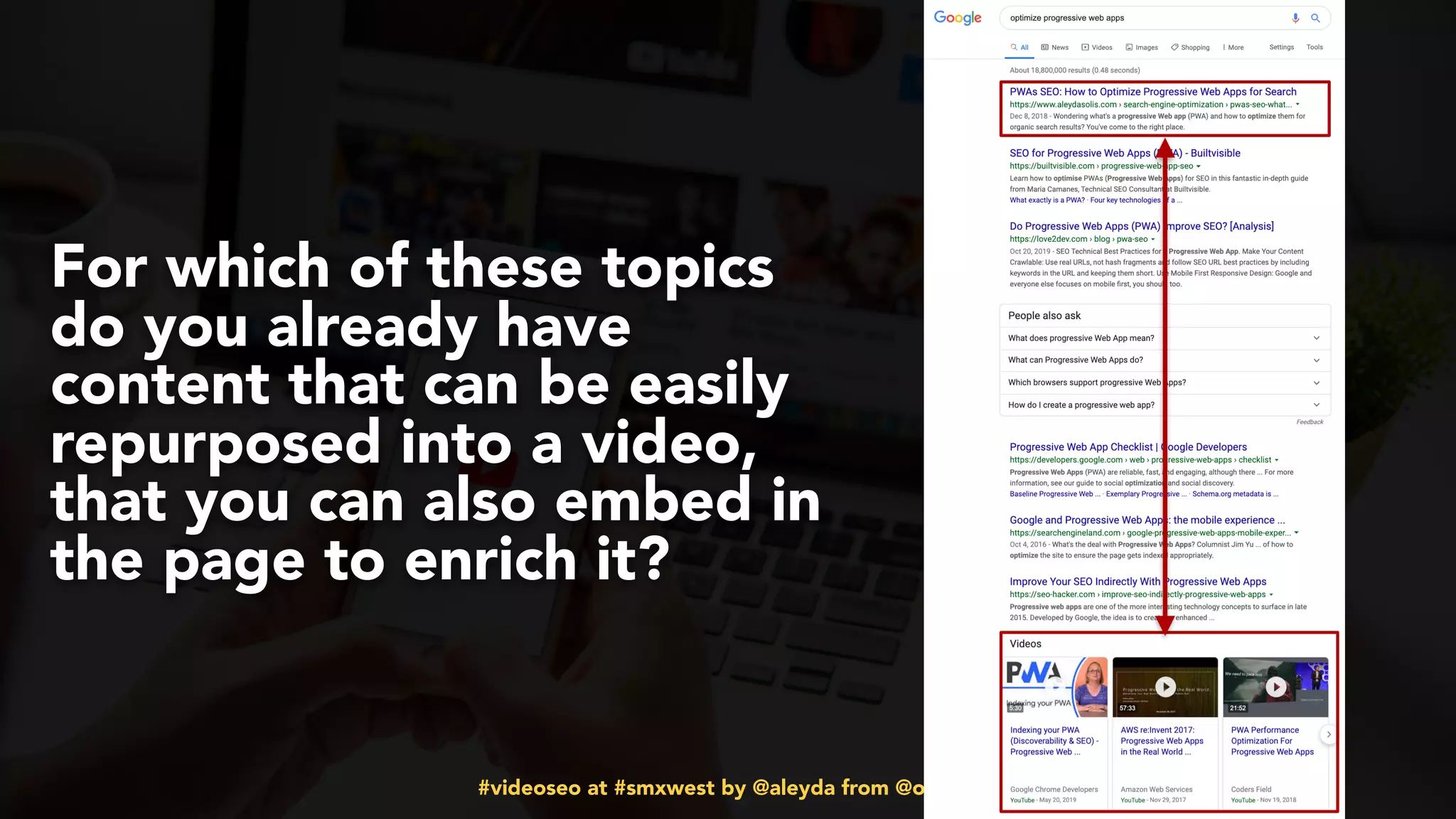 #videoseo at #smxwest by @aleyda from @orainti
For which of these topics
do you already have
content that can be easily
repurposed into a video,
that you can also embed in
the page to enrich it?
 