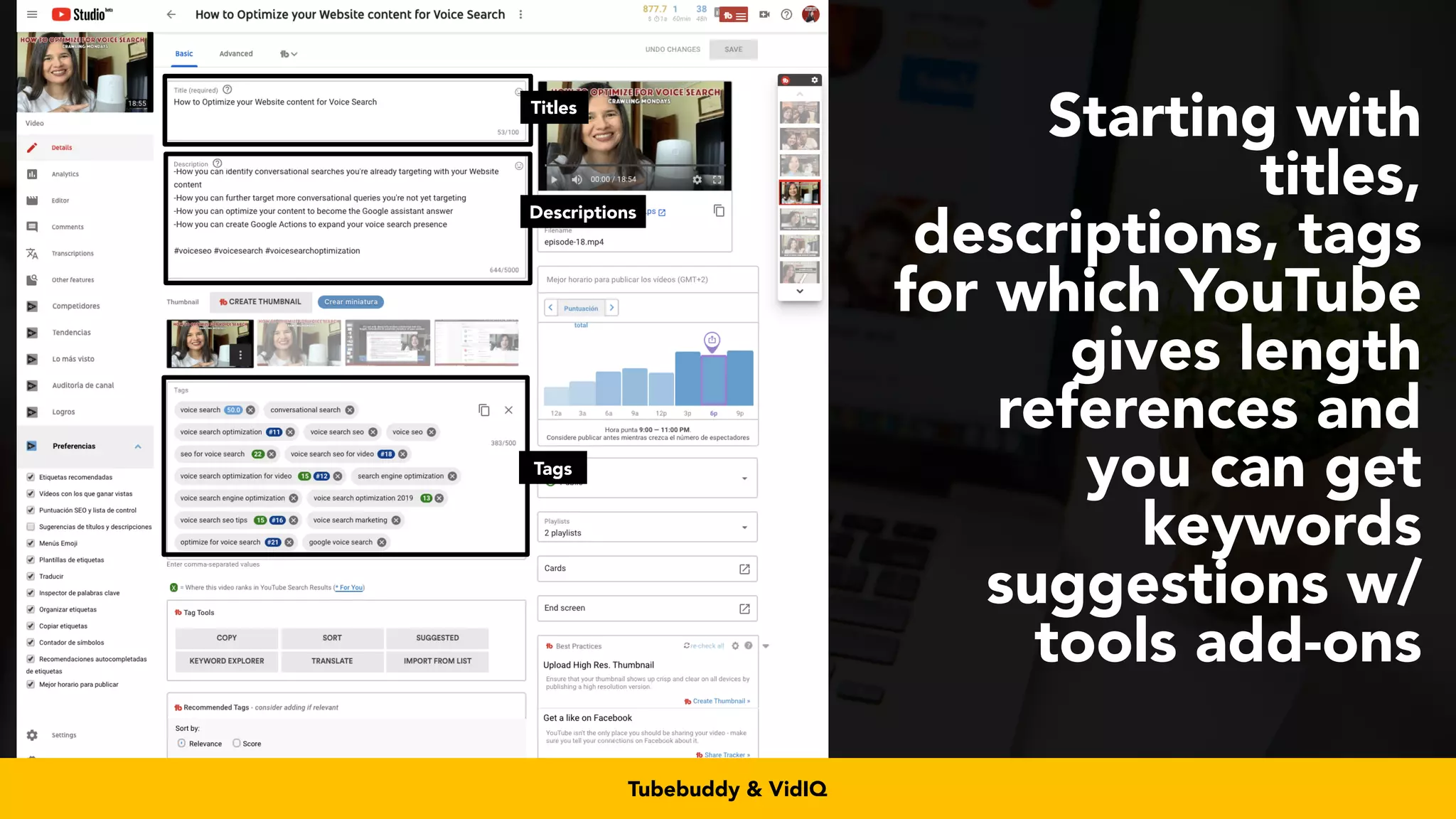 #videoseo at #smxwest by @aleyda from @orainti
Starting with
titles,
descriptions, tags
for which YouTube
gives length
references and
you can get
keywords
suggestions w/
tools add-ons
Titles
Descriptions
Tags
Tubebuddy & VidIQ
 
