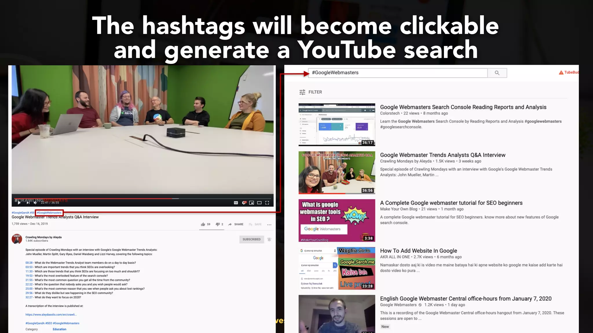 #videoseo at #smxwest by @aleyda from @orainti
The hashtags will become clickable
and generate a YouTube search
 