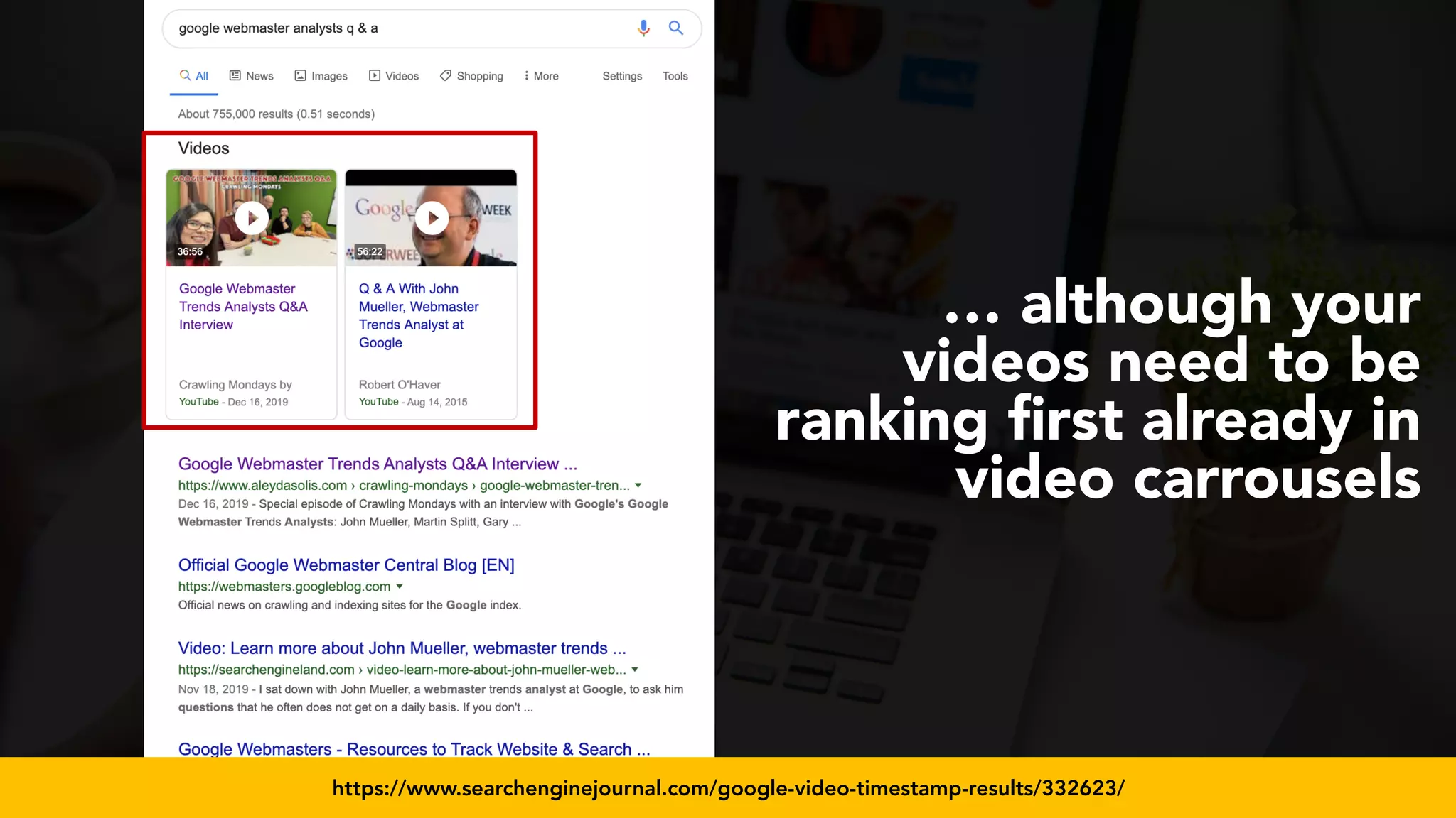 #videoseo at #smxwest by @aleyda from @orainti
… although your
videos need to be
ranking ﬁrst already in
video carrousels
https://www.searchenginejournal.com/google-video-timestamp-results/332623/
 