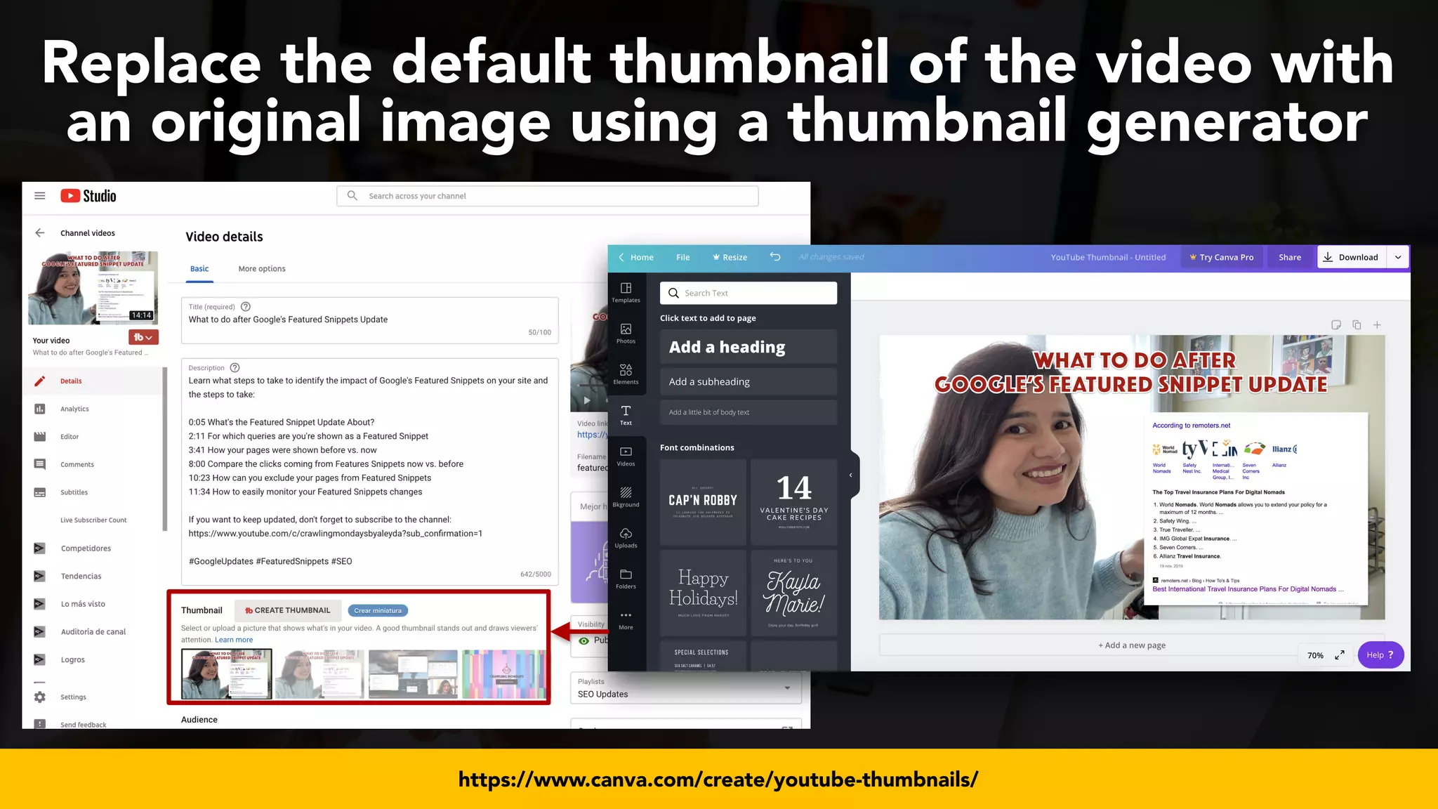 #videoseo at #smxwest by @aleyda from @orainti
Replace the default thumbnail of the video with
an original image using a thumbnail generator
https://www.canva.com/create/youtube-thumbnails/
 