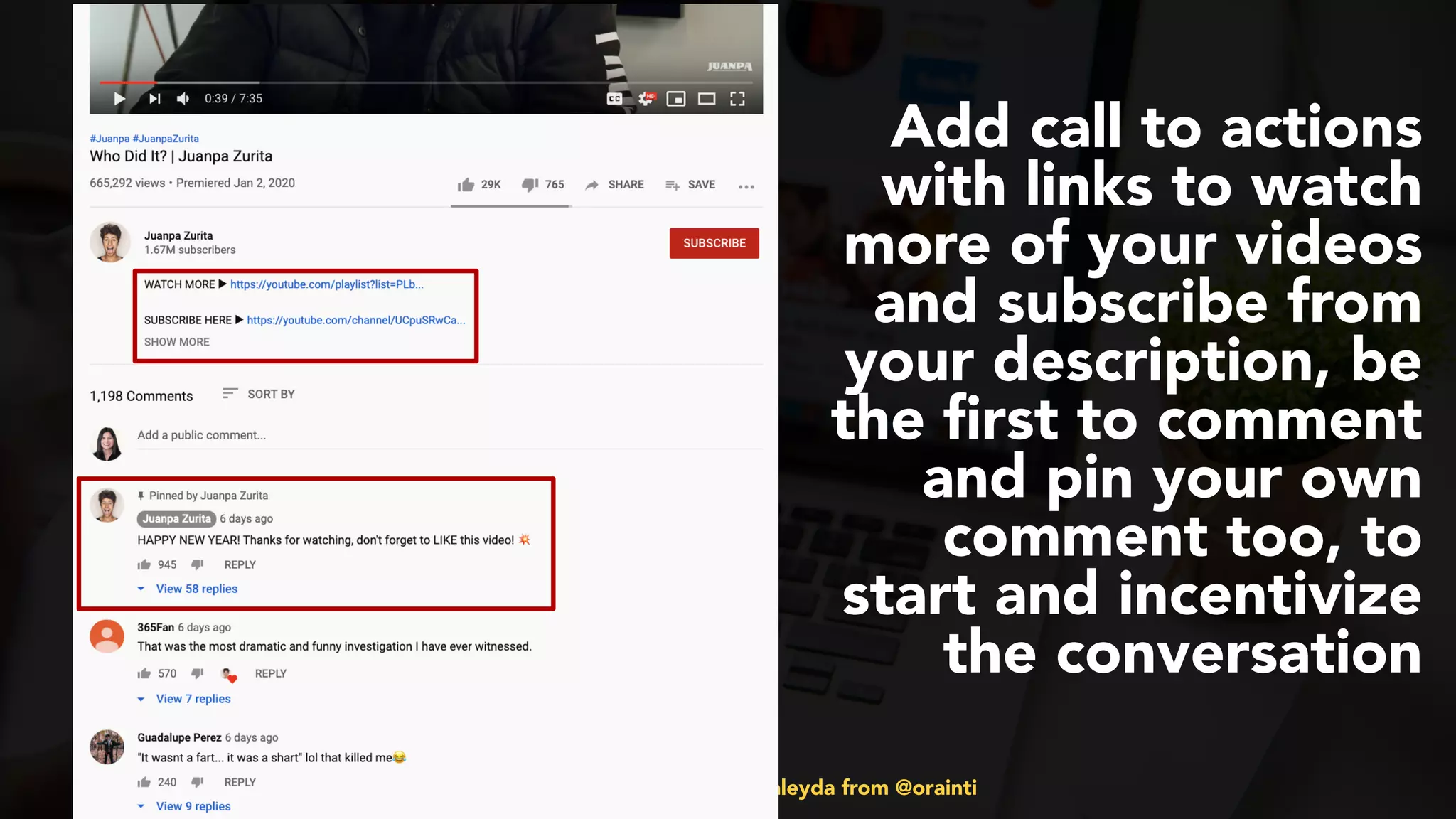 #videoseo at #smxwest by @aleyda from @orainti
Add call to actions
with links to watch
more of your videos
and subscribe from
your description, be
the ﬁrst to comment
and pin your own
comment too, to
start and incentivize
the conversation
 