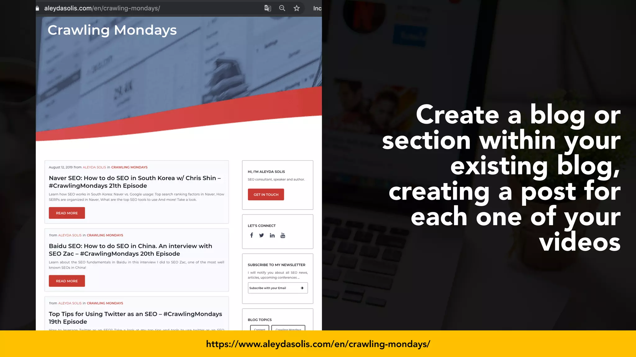 #videoseo at #smxwest by @aleyda from @orainti
Create a blog or
section within your
existing blog,
creating a post for
each one of your
videos
https://www.aleydasolis.com/en/crawling-mondays/
 