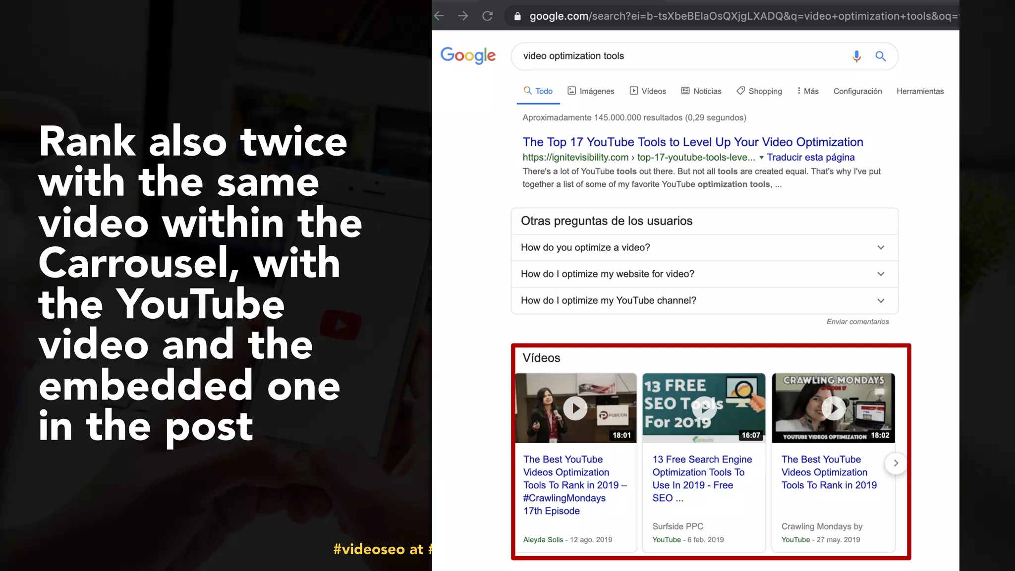 #videoseo at #smxwest by @aleyda from @orainti
Rank also twice
with the same
video within the
Carrousel, with
the YouTube
video and the
embedded one
in the post
 