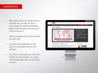 ESTATÍSTICAS




  •   Mais vídeos foram enviados para o
      YouTube em um mês do que a
      quantidade de vídeos produzidos
      pelas três principais emissoras dos
      EUA em 60 anos

  •   70% do tráfego do YouTube vêm de
      fora dos EUA

  •   YouTube está localizado em 39
      países e está disponível em 54
      idiomas

  •   Em 2011, o YouTube teve mais de 1
      trilhão de visualizações, ou quase
      140 visualizações para cada pessoa
      na Terra
 