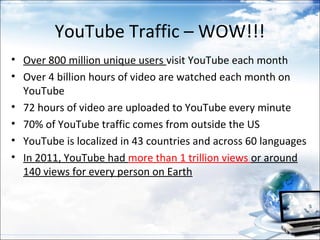YouTube Traffic – WOW!!!
• Over 800 million unique users visit YouTube each month
• Over 4 billion hours of video are watched each month on
  YouTube
• 72 hours of video are uploaded to YouTube every minute
• 70% of YouTube traffic comes from outside the US
• YouTube is localized in 43 countries and across 60 languages
• In 2011, YouTube had more than 1 trillion views or around
  140 views for every person on Earth
 