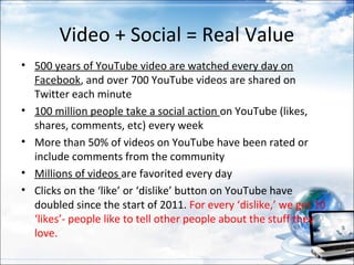 Video + Social = Real Value
• 500 years of YouTube video are watched every day on
  Facebook, and over 700 YouTube videos are shared on
  Twitter each minute
• 100 million people take a social action on YouTube (likes,
  shares, comments, etc) every week
• More than 50% of videos on YouTube have been rated or
  include comments from the community
• Millions of videos are favorited every day
• Clicks on the ‘like’ or ‘dislike’ button on YouTube have
  doubled since the start of 2011. For every ‘dislike,’ we get 10
  ‘likes’- people like to tell other people about the stuff they
  love.
 