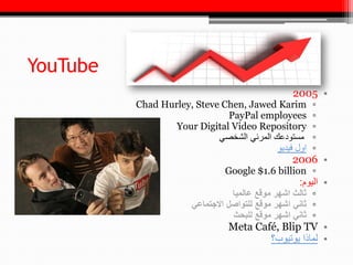 ‫كيف اشتهر‬
‫‪YouTube‬‬
                          ‫1. كتبوا عنه في مدونة خاصة للمهتمين في التكنلوجية‬
                    ...