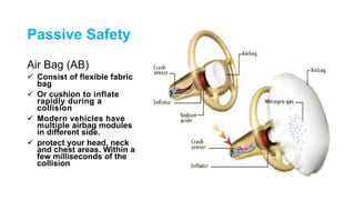 Passive Safety
Air Bag (AB)
 Consist of flexible fabric
bag
 Or cushion to inflate
rapidly during a
collision
 Modern vehicles have
multiple airbag modules
in different side.
 protect your head, neck
and chest areas. Within a
few milliseconds of the
collision
 