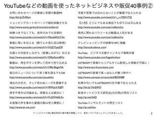 YouTubeなどの動画を使ったネットビジネスや販促40事例②
 お問い合わせページの最後に笑顔の動画PR                         写真や言葉では伝わらないことが動画で伝えられる
 http://bit.ly/ZvR6re                         http://www.youtube.com/watch?v=_v-iYEKl1TQ

 ショッピングカートのページで疑似体験させる                        【小売】どこにでもある商品でも切り口は沢山ある
 http://www.wants.jp/work/movie/transform/    http://www.youtube.com/user/calltencho

 映像つきでなくても、音声のみでも効果的                          商売に関わるハウツーもの動画は人気がある
 http://www.youtube.com/watch?v=RIaob6OcCAc   http://www.youtube.com/user/calltencho

 素直に想いを伝える（飾りとか見た目は無視）                        テレビショッピングの映像をHPに掲載
 http://www.youtube.com/watch?v=hGJCFjzajD0   http://kansokudetox.com/

 社員との対談をしながら（指導しながら）伝える                       YouTube、ビジネス支援チャンネルで復興支援
 http://www.youtube.com/watch?v=DRjnfsxm8Xo   http://www.youtube.com/higashinihon

 動画は、再生ボタンを押して初めて売り込める                        USTREAMで漁場からリアルタイム配信した物販が可能に！
 http://www.youtube.com/watch?v=H8arBegeiNk   http://www.sanrikutoretate.com

 毎日のニュースについて思う事を語るでもOK                        USTREAMの登場で真っ当な人が勝つ時代へ
 http://www.youtube.com/user/youakiho         http://www.ustream.tv/recorded/8020488

 演出の大切さ、そして思わぬニーズを意識する                        松茸の匂いでもUSTREAMの生中継で伝えられる
 http://www.youtube.com/watch?v=0fWpckYaIJM   http://bit.ly/14ufjWO

 得手不得手は勿論ある。得意な人は絶対に！                         新潟ネットビジネス研究会(15分間)の再生リスト
 http://www.youtube.com/watch?v=f1zSO4ddL5o   http://qr.net/kilQ

 お客様の声を集めた動画の数は参入障壁に！                         YouTubeコンサルタントの再生リスト
 http://www.sk-nw.com/                        http://qr.net/kiix

                        イーンスパイア(株) 横田秀珠の著作権を尊重しつつ、是非ノウハウはシェアして行きましょう。                      2
 