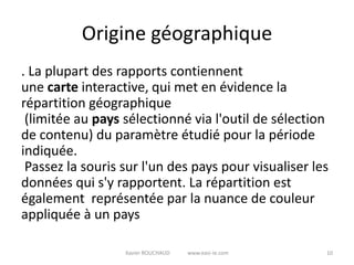 Origine géographique
. La plupart des rapports contiennent
une carte interactive, qui met en évidence la
répartition géographique
 (limitée au pays sélectionné via l'outil de sélection
de contenu) du paramètre étudié pour la période
indiquée.
 Passez la souris sur l'un des pays pour visualiser les
données qui s'y rapportent. La répartition est
également représentée par la nuance de couleur
appliquée à un pays

                  Xavier ROUCHAUD   www.easi-ie.com   10
 