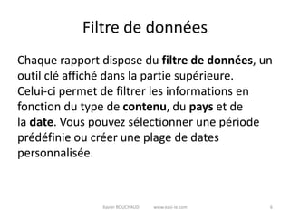 Filtre de données
Chaque rapport dispose du filtre de données, un
outil clé affiché dans la partie supérieure.
Celui-ci permet de filtrer les informations en
fonction du type de contenu, du pays et de
la date. Vous pouvez sélectionner une période
prédéfinie ou créer une plage de dates
personnalisée.



               Xavier ROUCHAUD   www.easi-ie.com   6
 