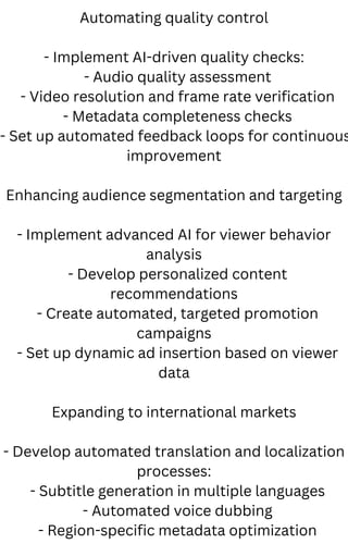 Automating quality control
- Implement AI-driven quality checks:
- Audio quality assessment
- Video resolution and frame rate verification
- Metadata completeness checks
- Set up automated feedback loops for continuous
improvement
Enhancing audience segmentation and targeting
- Implement advanced AI for viewer behavior
analysis
- Develop personalized content
recommendations
- Create automated, targeted promotion
campaigns
- Set up dynamic ad insertion based on viewer
data
Expanding to international markets
- Develop automated translation and localization
processes:
- Subtitle generation in multiple languages
- Automated voice dubbing
- Region-specific metadata optimization
 