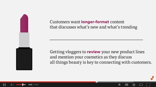 Customerswantlonger-formatcontent
thatdiscusseswhat’snewandwhat’strending
Gettingvloggerstoreviewyournewproductlines
andmentionyourcosmeticsastheydiscuss
allthingsbeautyiskeytoconnectingwithcustomers.
 
