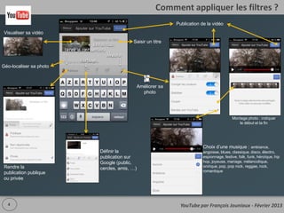 Comment appliquer les filtres ?
                                                     Publication de la vidéo
Visualiser sa vidéo
                                    Saisir un
                                    titre


Géo-localiser sa vidéo

                                      Améliorer
                                      sa photo



                                                                               Montage photo :
                                                                               indiquer le début
                                                                                    et la fin

                                                                 Choix d’une musique :
                         Définir la                              ambiance, angoisse, blues,
                         publication sur                         classique, disco, électro,
Rendre la publication    Google (public,                         espionnage, festive, folk, funk,
publique ou privée       cercles, amis, …)                       héroïque, hip hop, joyeuse,
                                                                 mariage, mélancolique,
                                                                 onirique, pop, pop rock, reggae,
                                                                 rock, romantique

   4                                                               www.outilsocialmedia.com
 