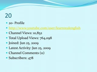20
 20- Profile
 http://www.youtube.com/user/learnrealenglish
 Channel Views: 10,852
 Total Upload Views: 764,098
 Joined: Jun 25, 2009
 Latest Activity: Jun 25, 2009
 Channel Comments (11)
 Subscribers: 478
 