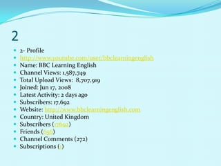 2
   2- Profile
   http://www.youtube.com/user/bbclearningenglish
   Name: BBC Learning English
   Channel Views: 1,587,749
   Total Upload Views: 8,707,919
   Joined: Jun 17, 2008
   Latest Activity: 2 days ago
   Subscribers: 17,692
   Website: http://www.bbclearningenglish.com
   Country: United Kingdom
   Subscribers (17692)
   Friends (656)
   Channel Comments (272)
   Subscriptions (1)
 