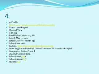 4
   4- Profile
   http://www.youtube.com/user/BritishCouncilLE
   Name: LearnEnglish
   Channel View
   s: 25,395
   Total Upload Views: 123,884
   Joined: May 12, 2010
   Latest Activity: 1 month ago
   Subscribers: 1,616
   Website: http://learnenglish.britishcouncil.org
   Learn English is the British Council's website for learners of English.
   Companies: British Council
   Channel Comments (11)
   Subscribers (1616)
   Subscriptions (82)
   Friends (99)
 