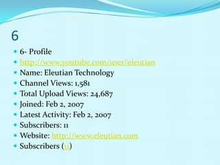 6
   6- Profile
   http://www.youtube.com/user/eleutian
   Name: Eleutian Technology
   Channel Views: 1,581
   Total Upload Views: 24,687
   Joined: Feb 2, 2007
   Latest Activity: Feb 2, 2007
   Subscribers: 11
   Website: http://www.eleutian.com
   Subscribers (11)
 