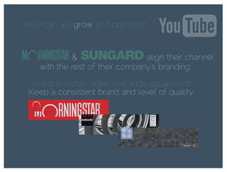 How can we grow and optimize?grow
& align their channel
with the rest of their company’s branding.
Invest in better video and audio equipment.
Keep a consistent brand and level of quality.
 