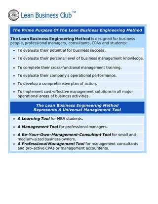 The Prime Purpose Of The Lean Business Engineering Method
The Lean Business Engineering Method is designed for business
people, professional managers, consultants, CPAs and students:
• To evaluate their potential for business success.
• To evaluate their personal level of business management knowledge.
• To complete their cross-functional management training.
• To evaluate their company's operational performance.
• To develop a comprehensive plan of action.
• To implement cost-effective management solutions in all major
operational areas of business activities.
The Lean Business Engineering Method
Represents A Universal Management Tool
• A Learning Tool for MBA students.
• A Management Tool for professional managers.
• A Be-Your-Own-Management-Consultant Tool for small and
medium-sized business owners.
• A Professional Management Tool for management consultants
and pro-active CPAs or management accountants.
 