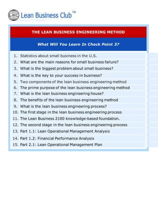 THE LEAN BUSINESS ENGINEERING METHOD
What Will You Learn In Check Point 3?
1. Statistics about small business in the U.S.
2. What are the main reasons for small business failure?
3. What is the biggest problem about small business?
4. What is the key to your success in business?
5. Two components of the lean business engineering method
6. The prime purpose of the lean business engineering method
7. What is the lean business engineering house?
8. The benefits of the lean business engineering method
9. What is the lean business engineering process?
10. The first stage in the lean business engineering process
11. The Lean Business 2100 knowledge-based foundation.
12. The second stage in the lean business engineering process
13. Part 1.1: Lean Operational Management Analysis
14. Part 1.2: Financial Performance Analysis
15. Part 2.1: Lean Operational Management Plan
 
