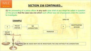 SECTION 156 CONTINUED…
(2) No proceeding of a police officer in any such case shall at any stage be called in question
on the ground that the case was one which such officer was not empowered under this section
to investigate.
ZERO FIR
EXAMPLE
X
POLICE
STATION
POLICE
OFFICER
NO
JURISDICTION
Y
INVESTIGATING
OFFICER
TRANSFER
NO QUESTIONS CAN BE ASKED WHY DID HE INVESTIGATE THE CASE WITHOUT HIS JURISDICTION
 