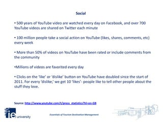 Social

• 500 years of YouTube video are watched every day on Facebook, and over 700
YouTube videos are shared on Twitter ...