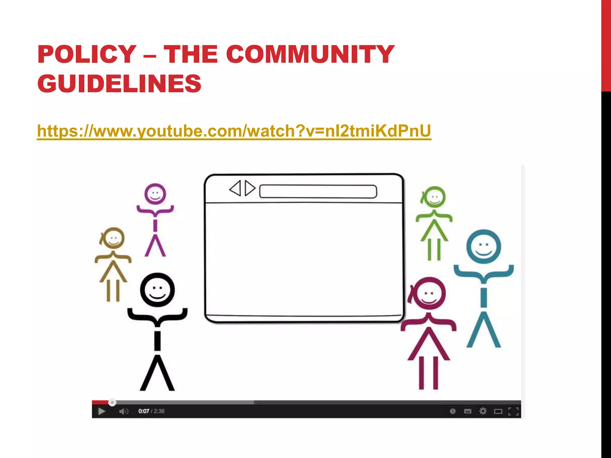 POLICY – THE COMMUNITY
GUIDELINES
https://www.youtube.com/watch?v=nI2tmiKdPnU
 
