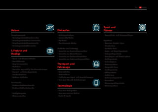 19
Reisebegeisterte
•	Reisebegeisterte/Strandurlauber
•	Reisebegeisterte/Familienurlauber
•	Reisebegeisterte/Luxusreisende
•	Reisebegeisterte/Skiurlauber
•	Schnäppchenjäger
•	Luxusartikelkäufer
•	Vielkäufer
•	Preisbewusste Käufer
Einkäufer nach Ladentyp
•	Besucher von Gemischtwarenläden
•	Besucher von Warenhäusern
•	Besucher von Verbrauchermärkten
•	Besucher von Lebensmittelgeschäften
•	Gesundheits- und Fitnessanhänger
Sportfans
•	American-Football-Fans
•	Baseballfans
•	Basketballfans
•	Boots- und Segelbegeisterte
•	Radsportbegeisterte
•	Kampfsport- und Wrestlingfans
•	Golfbegeisterte
•	Eishockeyfans
•	Motorsportfans
•	Racquetballfans
•	Laufbegeisterte
•	Skibegeisterte
•	Fußballfans
•	Schwimmbegeisterte
•	Tennisfans
•	Wassersportbegeisterte
•	Wintersportfans
•	Autoliebhaber
•	Motorradfans
•	Liebhaber von Sport- und Luxusfahrzeugen
•	Fans von Lkw und Geländewagen
•	Fans von Mobilgeräten
•	Fans von sozialen Medien
•	Technik-Freaks
•	Kunst- und Theaterliebhaber
•	Geschäftsleute
•	Familienmenschen
•	Modefans
•	Besuchen regelmäßig Live-Veranstaltungen
•	Umwelt- und Naturbegeisterte
•	Nachtschwärmer
•	Outdoor-Liebhaber
Tierfreunde
•	Tierfreunde/Katzenfreunde
•	Tierfreunde/Hundefreunde
•	Hobbyfotografen
•	Adrenalinjunkies
Reisen Einkaufen
Sport und
Fitness
Transport und
Fahrzeuge
Technologie
Lifestyle und
Hobbys
 