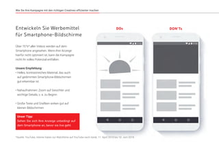 Über 70 %* aller Videos werden auf dem
Smartphone angesehen. Wenn Ihre Anzeige
hierfür nicht optimiert ist, kann die Kampagne
nicht ihr volles Potenzial entfalten.
Unsere Empfehlung:
•	Helles, kontrastreiches Material, das auch
auf gedimmten Smartphone-Bildschirmen
gut erkennbar ist
•	Nahaufnahmen: Zoom auf Gesichter und
wichtige Details, v. a. zu Beginn
•	Große Texte und Grafiken wirken gut auf
kleinen Bildschirmen
DOs DON’TsEntwickeln Sie Werbemittel
für Smartphone-Bildschirme
Wie Sie Ihre Kampagne mit den richtigen Creatives effizienter machen
*Quelle: YouTube, interne Daten zur Watchtime auf YouTube nach Gerät, 11. April 2018 bis 10. Juni 2018.
Unser Tipp:
Sehen Sie sich Ihre Anzeige unbedingt auf
dem Smartphone an, bevor sie live geht.
 