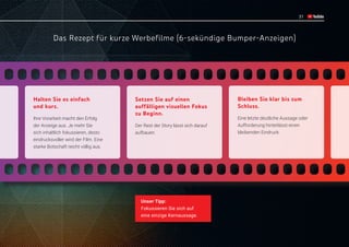 31
Das Rezept für kurze Werbefilme (6-sekündige Bumper-Anzeigen)
31
Unser Tipp:
Fokussieren Sie sich auf
eine einzige Kernaussage.
Halten Sie es einfach
und kurz.
Ihre Vorarbeit macht den Erfolg
der Anzeige aus. Je mehr Sie
sich inhaltlich fokussieren, desto
eindrucksvoller wird der Film. Eine
starke Botschaft reicht völlig aus.
Bleiben Sie klar bis zum
Schluss.
Eine letzte deutliche Aussage oder
Aufforderung hinterlässt einen
bleibenden Eindruck.
Setzen Sie auf einen
auffälligen visuellen Fokus
zu Beginn.
Der Rest der Story lässt sich darauf
aufbauen.
 