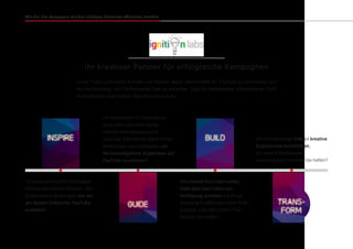 Wie Sie Ihre Kampagne mit den richtigen Creatives effizienter machen
Ihr kreativer Partner für erfolgreiche Kampagnen
Unser Team unterstützt Kunden und Partner dabei, Werbemittel für YouTube zu optimieren und
so ihre Branding- und Performance-Ziele zu erreichen. Egal ob bestehendes Videomaterial, Print
Artworks oder App-Videos: Sprechen Sie uns an.
Ich plane eine große Kampagne!
Können Sie meinen Marken- und
Kreativteams beibringen, wie sie
am besten Videos für YouTube
erstellen?
Ich habe einen TV-Commercial
produziert und mein Kunde
möchte eine Anpassung für
YouTube. Können Sie dabei helfen,
Änderungen vorzuschlagen, um
die bestmöglichen Ergebnisse auf
YouTube zu erzielen?
Ich möchte einige Video-/ kreative
Experimente durchführen,
um neue Arbeitsweisen
voranzutreiben. Können Sie helfen?
Ich möchte YouTube nutzen,
habe aber kein Video zur
Verfügung, sondern nur einige
statische Grafiken aus einer Print-
Anzeige und/oder einem POS.
Können Sie helfen?
INSPIRE
GUIDE TRANS-
FORM
BUILD
 