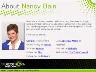 Nancy is a business owner, educator, and business strategist
with more than 20 years experience. When she is not advising
and teaching people about social media, Nancy spends a lot of
her own time using social media.
Find Nancy online:
Google+ : Nancy Bain
Follow Nancy on Twitter
Visit her website
Follow her Blog
Follow her on Pinterest
Like Supernova Media on
Facebook
Find her on LinkedIn
And visit her YouTube Channel
About Nancy Bain
 