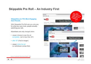 Skippable Pre Roll – An Industry First
   pp                          y


 Skippables are 75% More Engaging
 than Prerolls.

 With Skippable Pre Roll ads you only pay
 for what you care most, people actually
 watching your ads.

 Advertisers are only charged when:

 • viewer choose to see the ad
   completely (ad is less than 30”)

 • after 30” (if ad is longer)

 • viewer clicks the ad
   ( or whichever comes first)




 Source: Doublecklick Benchmark Report. 2009   YouTube Confidential and Proprietary
 
