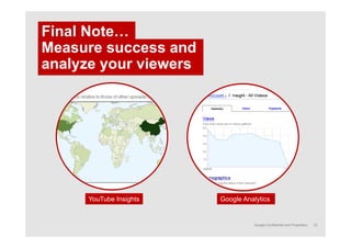 Final Note…
Measure success and
analyze your viewers




      YouTube Insights   Google Analytics


                                   Google Confidential and Proprietary   33
 