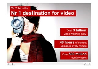 YouTube is the

Nr 1 destination f video
                 for


                       Over 3 billion
                    video watched daily


                  48 hours of content
                  uploaded every minute


                   Over 500 million
                         monthly users
                            YouTube Confidential and Proprietary
 
