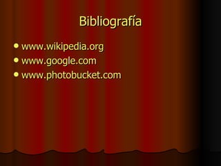 Bibliografía <ul><li>www.wikipedia. org </li></ul><ul><li>www.google.com </li></ul><ul><li>www.photobucket.com </li></ul>