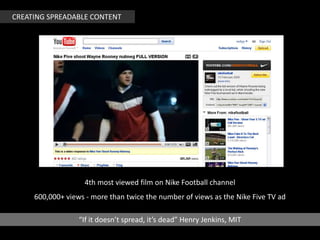 CREATING SPREADABLE CONTENT<br />4th most viewed film on Nike Football channel<br />600,000+ views - more than twice the n...