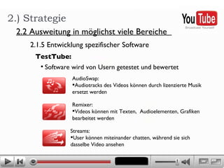 2.) Strategie 2.2 Ausweitung in möglichst viele Bereiche  2.1.5 Entwicklung spezifischer Software  TestTube: Software wird von Usern getestet und bewertet AudioSwap:  Audiotracks des Videos können durch lizenzierte Musik  ersetzt werden Remixer:  Videos können mit Texten,  Audioelementen, Grafiken  bearbeitet werden  Streams:  User können miteinander chatten, während sie sich dasselbe Video ansehen 