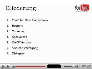 Gliederung YouTube: Das Unternehmen Strategie Marketing Konkurrenz  SWOT-Analyse Kritische Würdigung Diskussion  