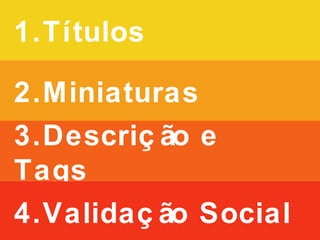 1.Títulos
3.Descrição e Tags
4.Validação Social
2.Miniaturas
 