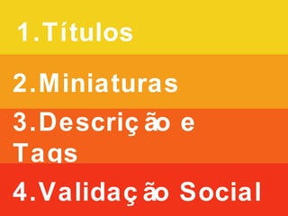 2.Miniaturas
3.Descrição e Tags
4.Validação Social
1.Títulos
 