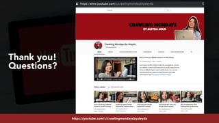 #youtubeseo at #semrushconf2019 by @aleyda from @oraintihttps://youtube.com/c/crawlingmondaysbyaleyda
Thank you!
Questions?
 