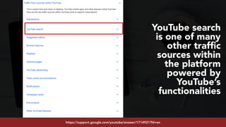 #youtubeseo at #semrushconf2019 by @aleyda from @orainti
YouTube search
is one of many
other trafﬁc
sources within
the platform
powered by
YouTube’s
functionalities
https://support.google.com/youtube/answer/1714921?hl=en
 