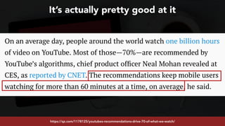 #youtubeseo at #semrushconf2019 by @aleyda from @oraintihttps://qz.com/1178125/youtubes-recommendations-drive-70-of-what-we-watch/
It’s actually pretty good at it
 