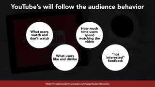 #youtubeseo at #semrushconf2019 by @aleyda from @oraintihttps://creatoracademy.youtube.com/page/lesson/discovery
YouTube’s will follow the audience behavior
What users
watch and
don't watch
What users
like and dislike
How much
time users
spend
watching the
video
"not
interested”
feedback
 